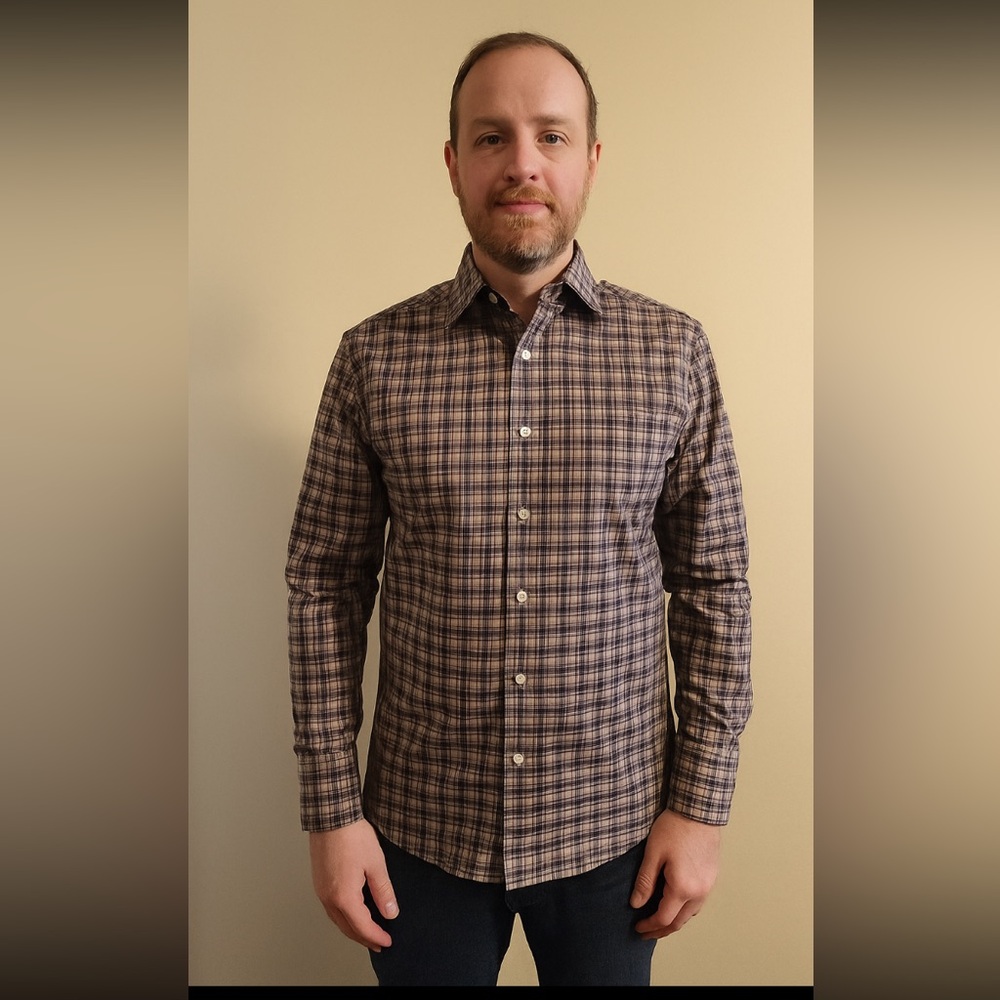 Peter Millar Crown Crafted Flex Men's Navy-Brown Plaid Shirt Medium NWOT